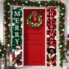 2 Pcs Black Santa Claus Merry Christmas Porch Banner Decorations 71"x 12" Afr...