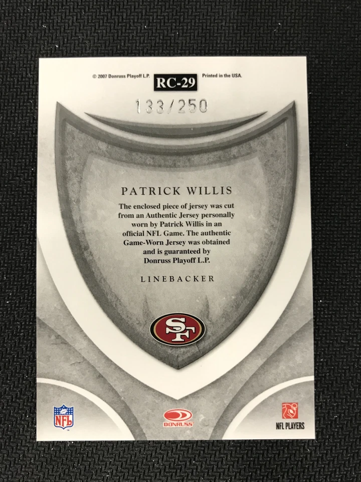 2007 Leaf Rookies & Stars #RC-29 Patrick Willis San Francisco 49ers Patch /250 - Image 2 of 2