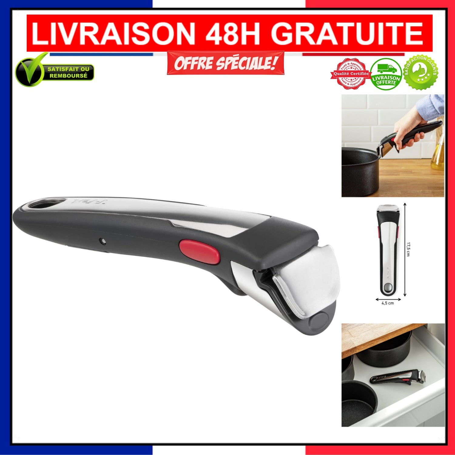 Poignée amovible Tefal Ingenio noir en bakélite robuste et durable