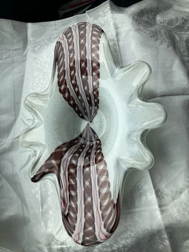 Vintage Murano Art Glass Bowl With Latticino Zanfirico Ribbons