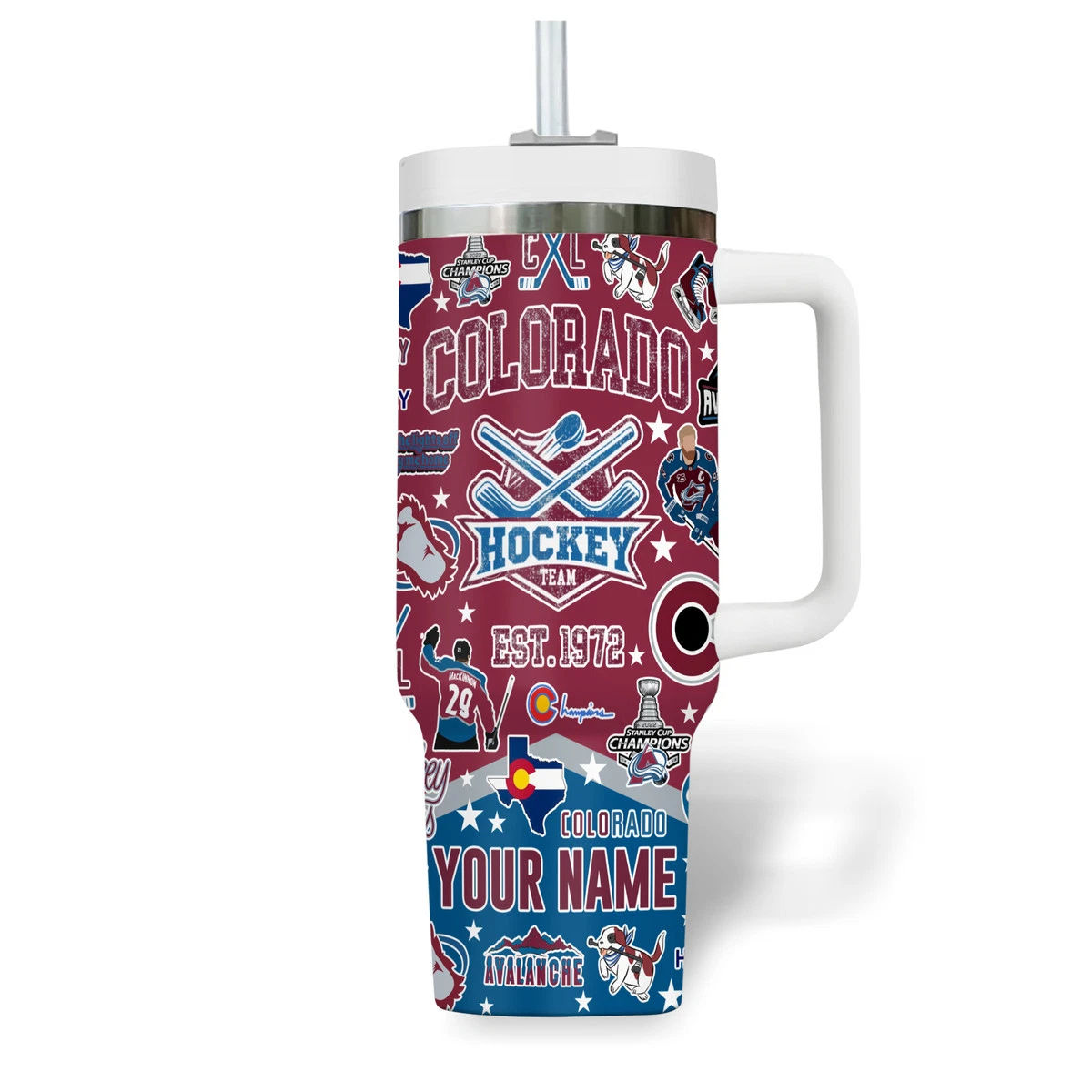 Custom Burgundy Blue Avs Pride Hockey Fan Gift Tumbler 40oz With Handle