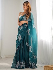 Women's Shimmer Organza Sequence Embroidery Saree With Unstitched Blouse Piece