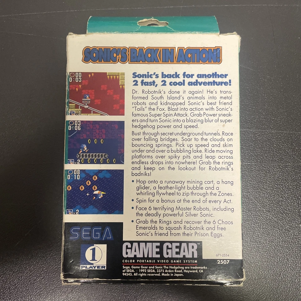 Sonic The Hedgehog 2 Sega Game Gear 1992 Sega BRAND NEW Open Box - Image 2 of 4