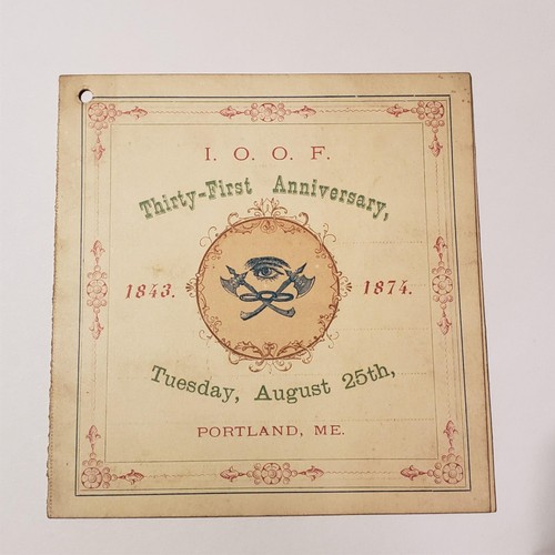 Carte originale de danse victorienne années 1870 1874 IOOF Odd Fellows Portland ME P001