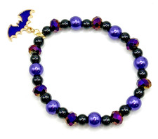 Cute BLACK  PURPLE BAT Halloween 7.5" Glass Beaded Stretch Charm Bracelet