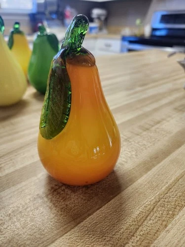 Vintage Murano Style Pear,  Hand Blown Glass. Orange Yellow