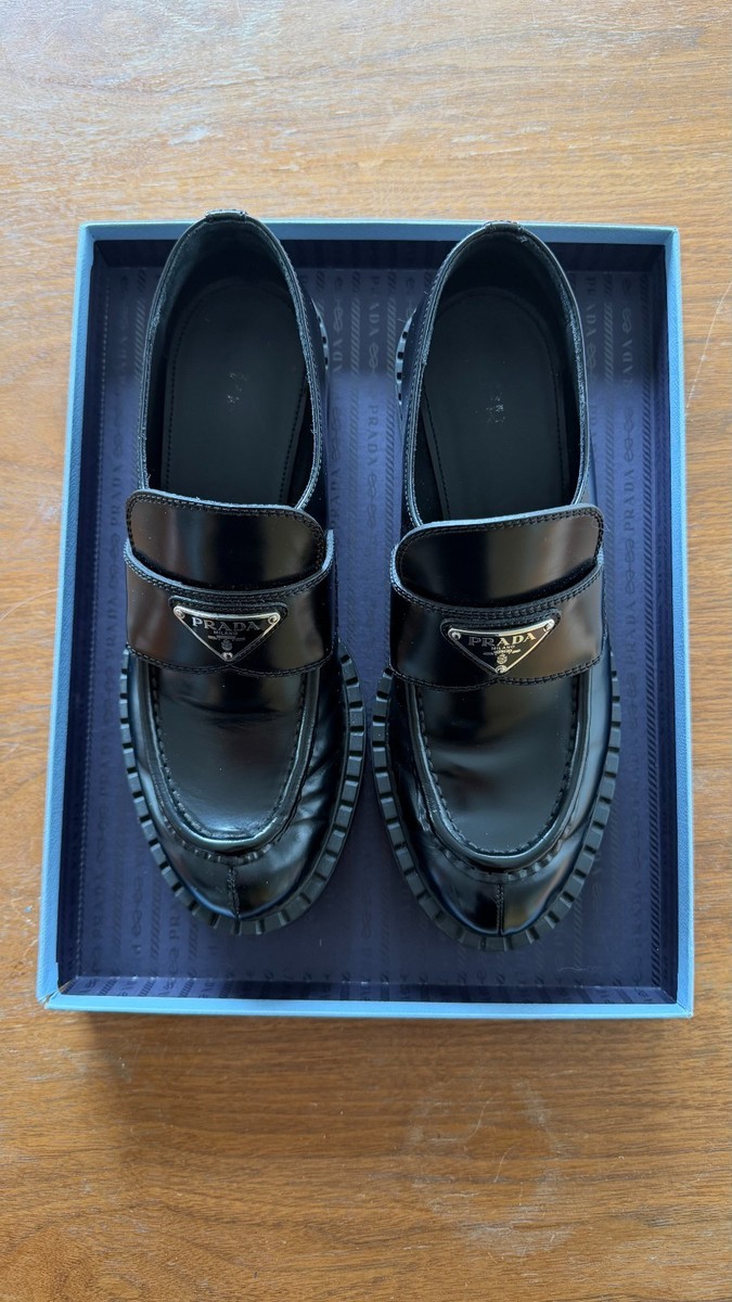 Prada Brushed Leather Lug Sole Loafers Triangle Logo Black
