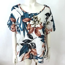 C&C California Plus 2X 100% Linen Top Shirt Floral All Over Print White MINT