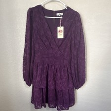 Entro Purple Long Sleeve Lace Fit & Flare V Neck Short Dress Size L