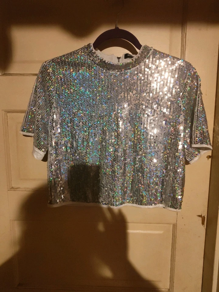 Allegra K Top Sz L Black Velvet Velour Silver Sequin Short Sleeve Y2K Goth Fairy - Image 2 of 2