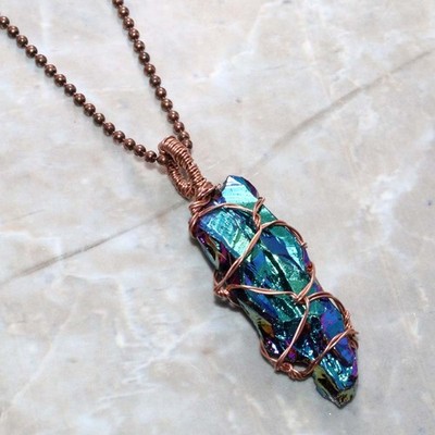 Copper Wire-Wrapped Rainbow Titanium Kyanite Necklace 18'' Daily Wear Gift JW