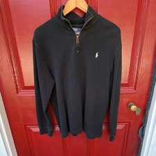 Polo Ralph Lauren Men's Black Cotton Knit 1/4 Zip Mock Neck Logo Sweater L