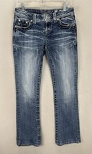Miss Me Jeans Women  s Sz 26 Easy Bootcut Mid Rise Embellished Pockets Blue Denim
