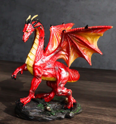 Fantasy Midnight Leviathan Red Dragon Standing On Volcanic Rock Small Figurine