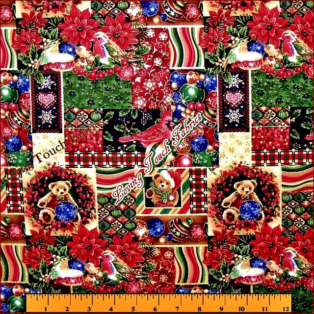 FABRIQUILT CHRISTMAS POINSETTIA BIRDS ORNAMENTS FABRIC 1/2 YARD (18" X