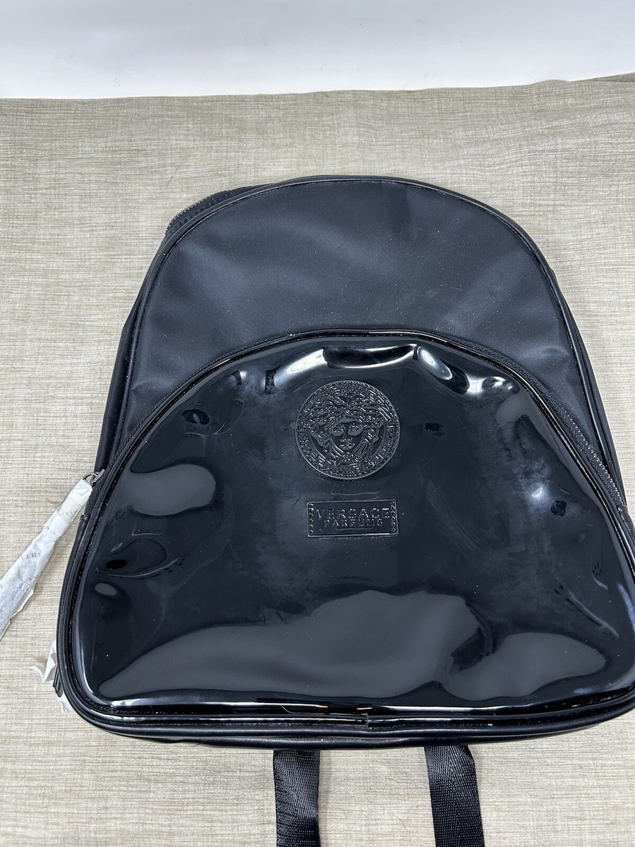 black patent leather organizer backpack VERSACE PARFUMS Medusa Head Black Faux Patent Leather Nylon Backpack with  logo