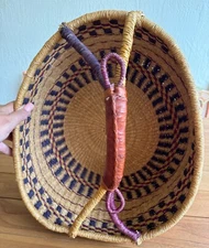 VTG Large Woven African Bolga Ghana Market Basket Leather Handle 16"
