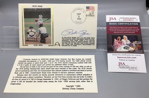 Pete Rose Cincinnati Reds Autographed 1st Day Cover Envelope 1985 4191 Hits JSA