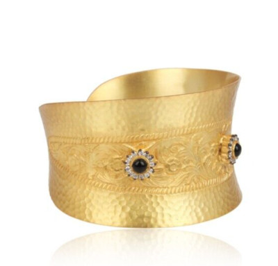Yellow Gold Wide Hammered Leaf Engraved Open Cuff Bangle in Black Onyx & Zircon