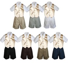 4pc Boy Toddler Formal CHAMPAGNE Vest Necktie White Khaki Navy Shorts