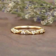 Leaf Pattern 0.06CT Round Cut Lab-Grown Diamond In 10K Yellow Gold Wedding Band