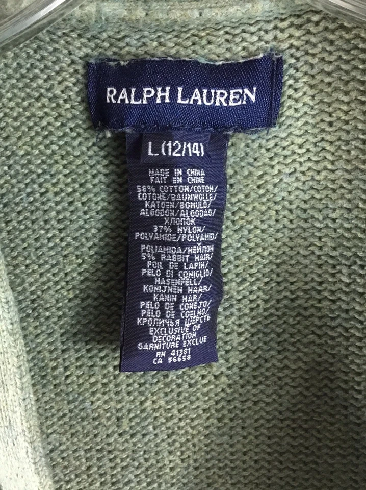 Ralph Lauren Niñas L Verde Cárdigan Suéter Parche para el Hombro Corbata Cuello Volantes Dobladillo Foto 3 de 4