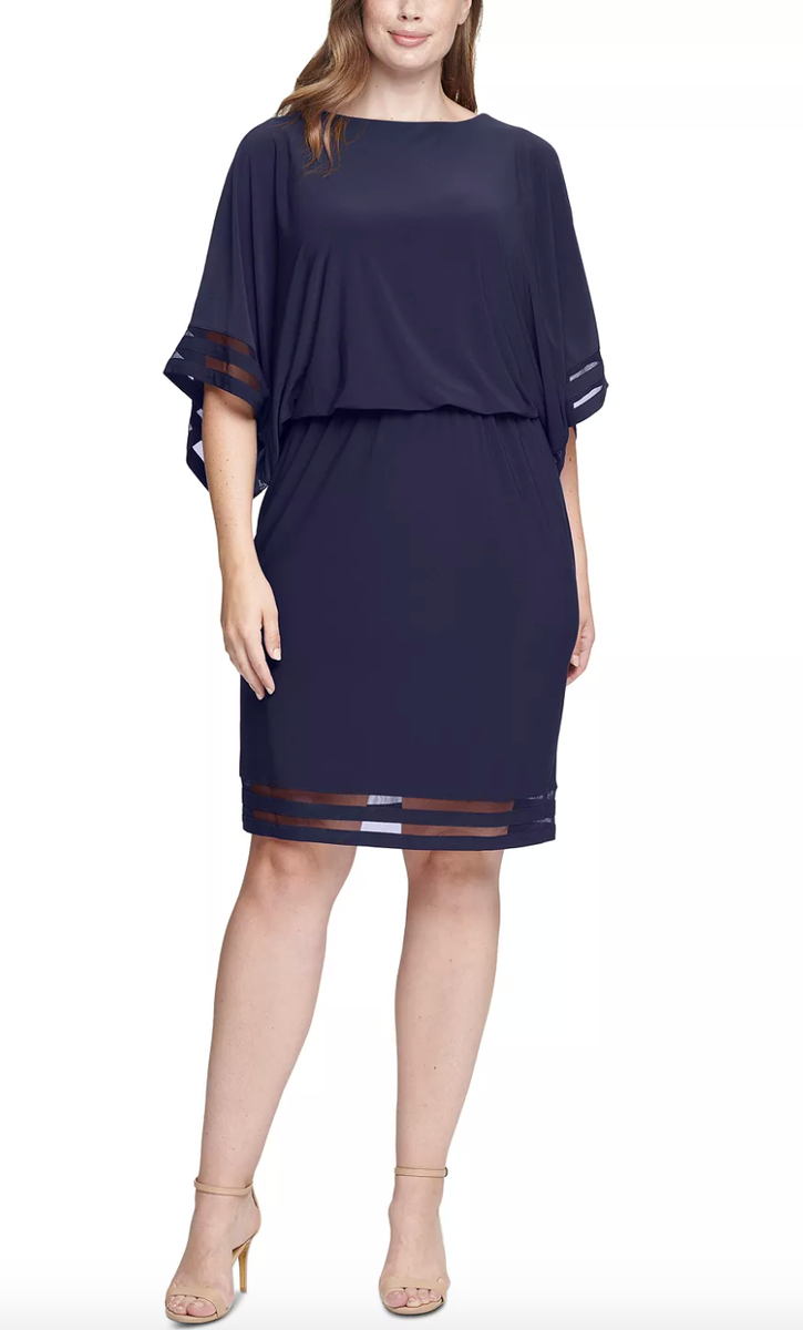 Jessica Howard Plus Size Illusion-Trim Blouson Dress Navy Size 24W