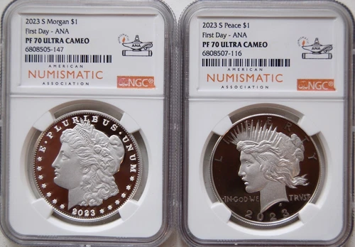 2023 S Proof Morgan & Peace Silver Dollar $1 NGC PF70 First Day ANA 2pc. OGP