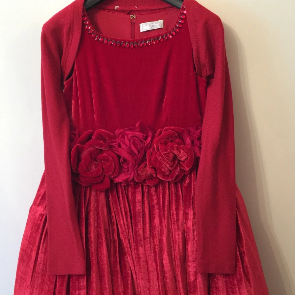 Monnalisa Couture Girls Runway Holiday Ruby Red Velvet Dress And Shrug Size 8 - Image 3 of 4