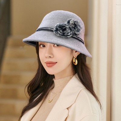 Women Vintage Wool Felt Bucket Cap Flower Ladies Winter  display picture 1