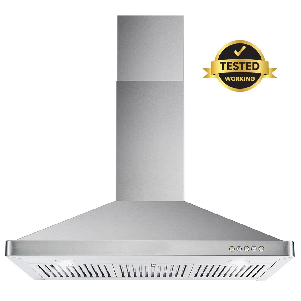 36 in. WALL MOUNT RANGE HOOD (OPEN BOX) in STAINLESS STEEL VENTED, LED LIGHTS