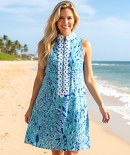 Lilly Pulitzer Vena Dress Size XS (00) Blue Floral Embroidered Zip Party Travel