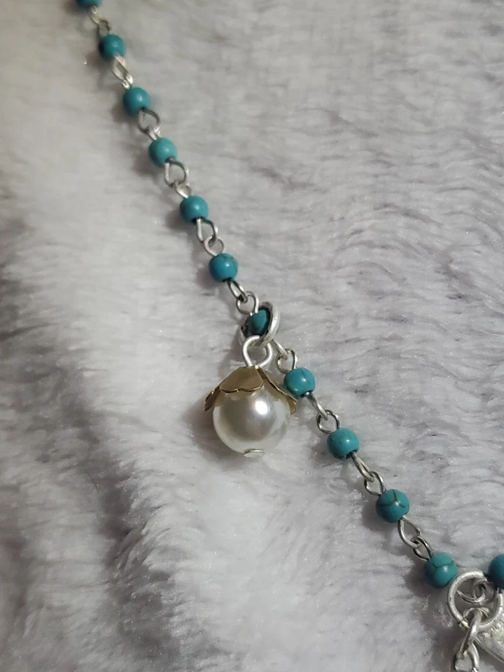 Plunder Necklace-Rose Gold Cross,Coral Flower,Pearl Pendants Turquoise Beads - Image 4 of 4