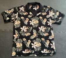 Arrow USA 1851 Hawaiian Tropical Print Mens Polo Shirt Black Cotton Rayon Medium