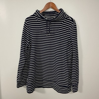 LL Bean Cowl Neck Sweatshirt XL Navy Striped Coastal Drawstring 504275