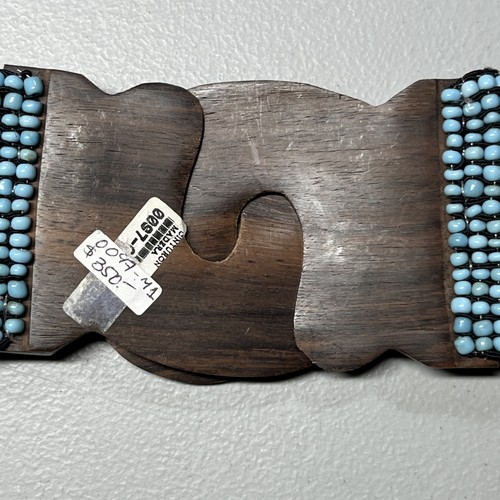 Boho Glass Beaded Stretchy Belt Turquoise Blue M/L Wooden Buckle Wide - Picture 6 of 9