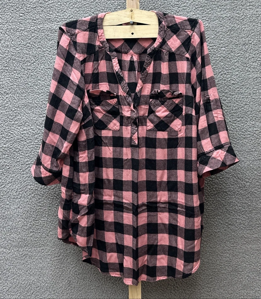 Blusa Torrid Mujer L Harper Rosa Cuadros 3/4 Manga Enrollable Medio Botón Franela Foto 2 de 4