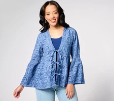 LOGO by Lori Goldstein Women's Top Sweater Sz M Eyelet Lace Blue A640419