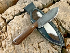 Fixed Blade Hunting Knife, Wood Handle Bushcraft Camping Knife w/ Leather Sheath