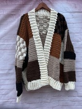 Handmade Crocheted Patchwork Brown Earthy Cardigan Sweater Open Boho M-XXL