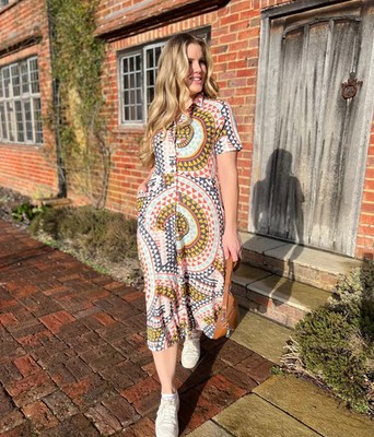 White Stuff Rua jersey shirt dress womens organic, geometric print multi RRP £65