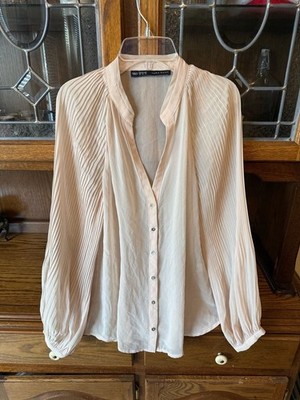 Zara Basic Blush Nude Pleated Sleeve Blouse Medium V-Neck Sheer