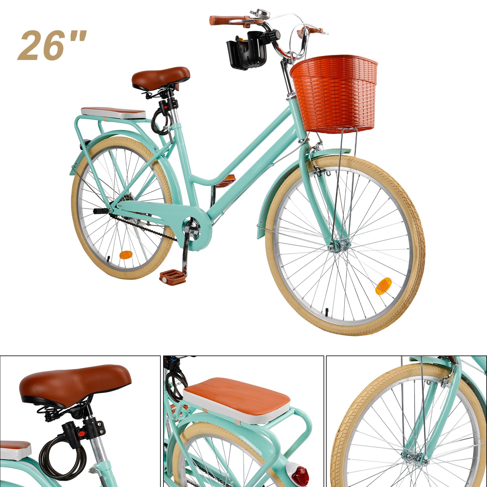 26 inch Women City Bike Lady Beach Cruiser Bicycle with Basket & Rack Green