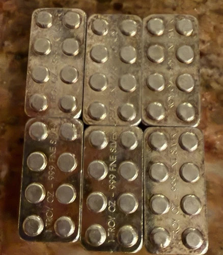 6 - One Troy Ounce.999 Pure Silver Hand Poured Building Blocks Stackable Bar