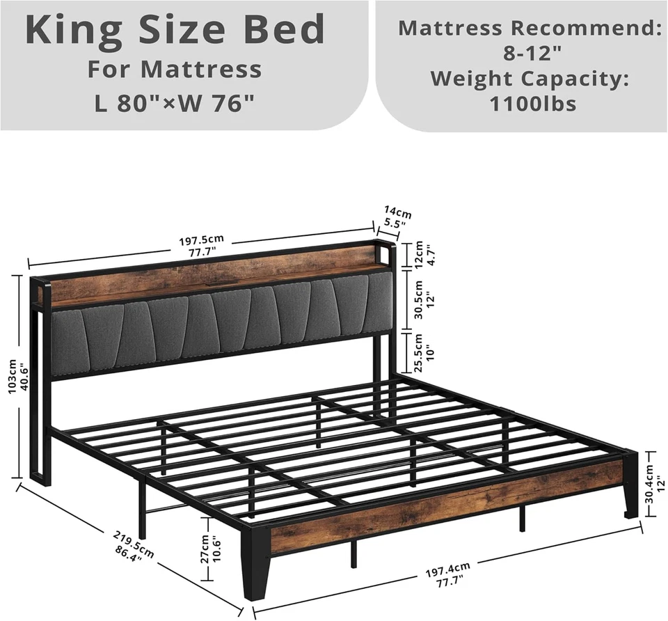 Armação de cama king size, cabeceira de armazenamento com estação de carregamento, sólida e estável,  - Imagem 2 de 4