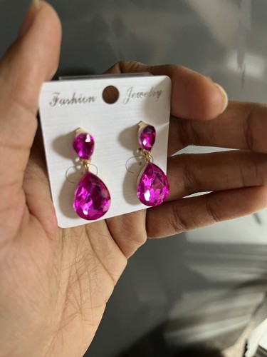 1.25” Long Hot Pink Fuchsia Dangle Pageant Rhinestone Crystal Silver Earrings - Picture 7 of 9