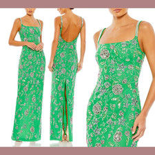 NWT 498 Mac Duggal 8 Hand Beaded Floral Spaghetti Strap Gown Green J1587