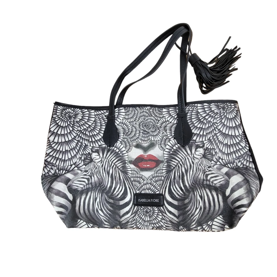 ISABELLA FIORE Graphic Tote Lips Zebra Animal Print Tassel Shoulder Bag Y2k Shop