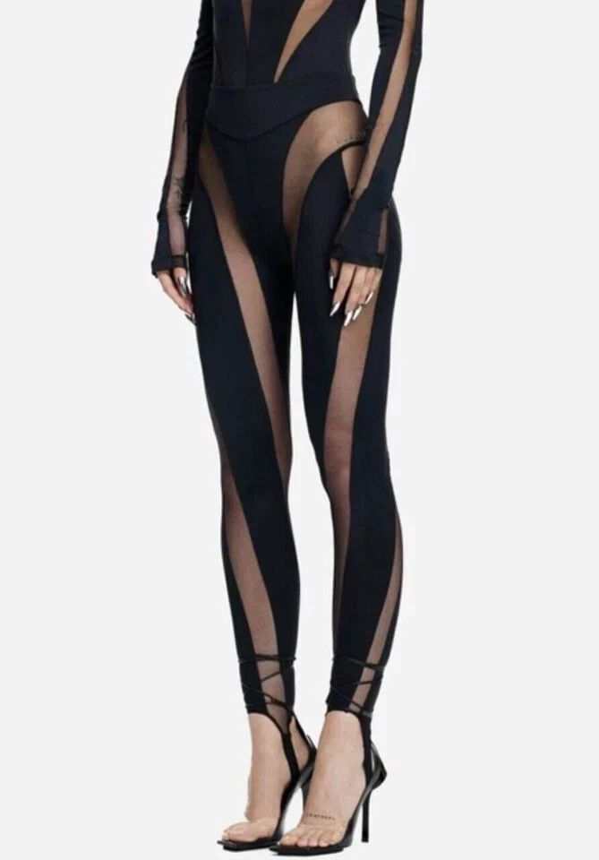 New Mugler HM H&M Black Mesh-panelled Stirrup Leggings Size US 2 4 EU 34 36 - Image 2 of 4