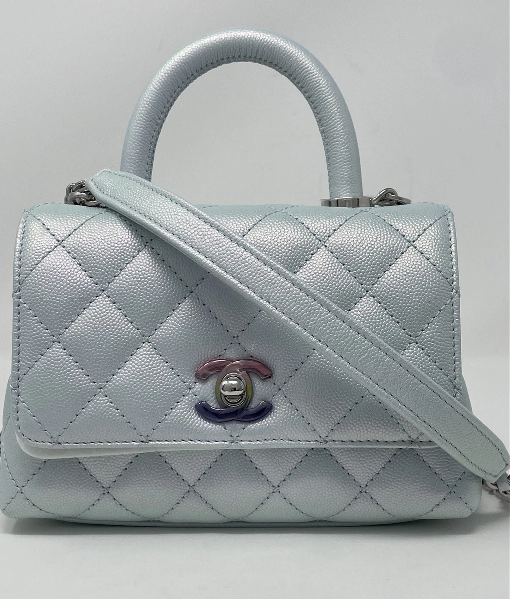 White Quilted Caviar Mini Coco Top Handle Flap Bag Pale Gold